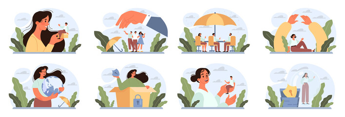 Protection concept set. Safety and care for people. Shield, umbrella