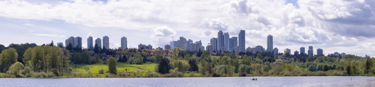 Panoramic View of Residential Apartment Home Buildings in Metrotown. Green Trees in Deer Lake Park, Burnaby, Vancouver, BC, Canada.
