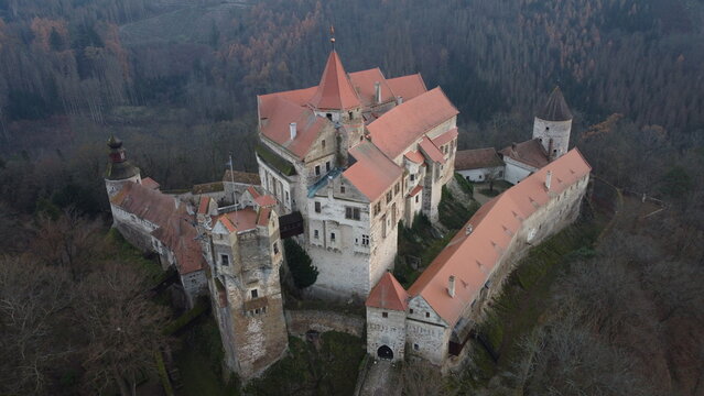 historical old castle Pernstejn Czech republic aerial view panorama Pern&scaron;tejn	
