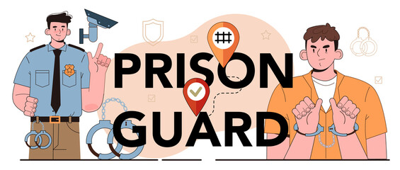 Prison guard typographic header. Police officer convoying