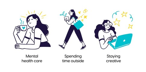 Mental health care to stay creative - abstract concept illustrations. Mental health care, Spending time outside, Staying creative. Visual stories collection