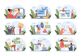 Asking for help concept set. Character seeking support from other