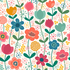 Seamless floral pattern in retro colors. Vector illustration with flowers and ovals. - 509259255