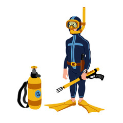 A funny diver-saboteur or hunter in a diving suit with a speargun and an oxygen cylinder. Vector illustration isolated on a white background in cartoon style.
