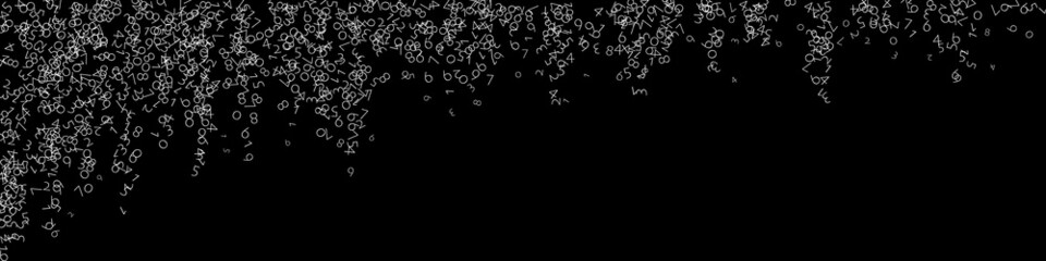 Falling numbers, big data concept. Binary white chaotic flying digits. Enchanting futuristic banner on black background. Digital vector illustration with falling numbers.