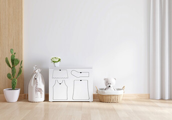 Wardrobe in white child room interior with copy space, 3D rendering