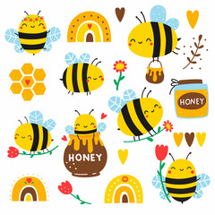 A set of cute bees, honey, rainbows and flowers. Vector illustration
