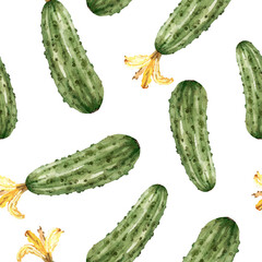 green cucumbers seamless pattern on white background, watercolor illustration.