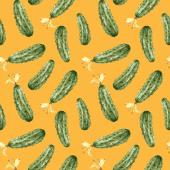 seamless pattern of green cucumbers on a yellow background, watercolor illustration.