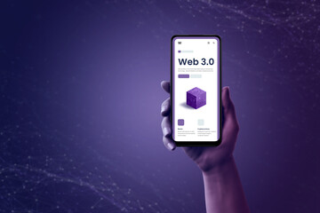 Web 3.0 presentation page on smart phone in hand concept. Purple background with network nodes