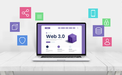 Laptop with Web 3.0 presentation, surrounded by icons representing web 3 features