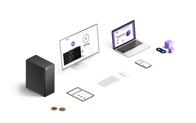 Blockchain mining concept with computer, laptop, tablet and smart phone. Devices perform cryptocurrency mining, wallet and exchange operations. Blockchain isometric illustration