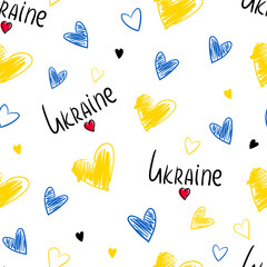 Ukraine lettering inscription, hearts hand drawn in flag colors style - Ukraine love. Seamless pattern. Vector