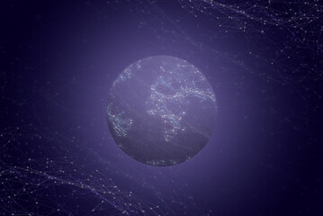 Global network concept. Planet with network nodes. Purple background