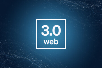 Web 3.0 illustration. Text in frame surrounded by network nodes on blue background.
