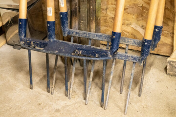 Close-up on grelinette or spade forks, used, to aerate the soil, in the vegetable garden