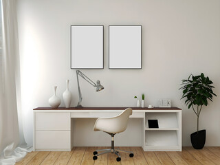 Desk room or home office mockup with 2 blank frames, white table and white wall.  3d rendering. 3d illustration