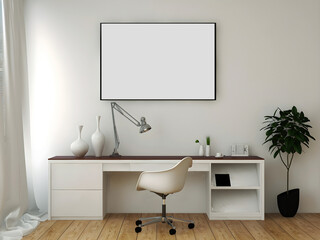 Fototapeta na wymiar Desk room or home office mockup with 1 big blank frame, white table and white wall. 3d rendering. 3d illustration