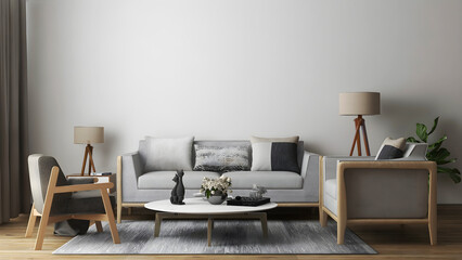 Living room mockup with grey sofa, chair, table, table lamp, objects, and carpet. 3d rendering. 3d illustration