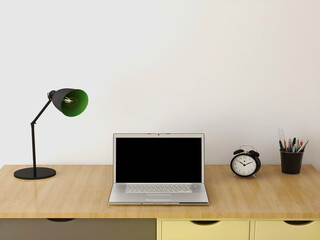 Desk mockup and laptop with blank screen. 3d rendering. 3d illustration