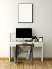 Desk room or home office mockup with 1 blank portrait frame, white wall,  single white table and chair, desktop, and objects. 3d rendering. 3d illustration