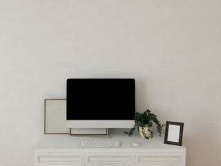Desk room or home office mockup with single white table desktop, and objects.3d rendering. 3d illustration