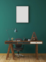 Desk room or home office mockup with 1 blank portrait frame, Scandinavian desk, chair, objects, and teal wall. 3d rendering.3d rendering. 3d illustration
