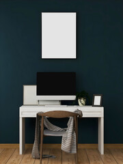 Desk room or home office mockup with 1 blank frame, single white table and chair, desktop, navy wall, and objects.  3d rendering. 3d illustration