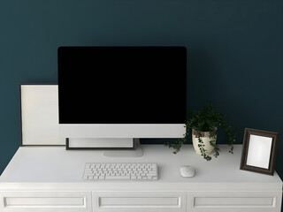 Desktop with blank screen, keyboard, white desk, anad navy wall. 3d rendering. 3d illustration