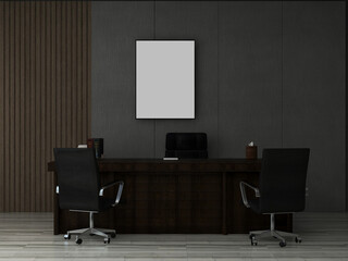 Desk room or office mockup with 1 blank portrait frame, office desk and 3 chairs, hanging lamp, and modern wall.  3d rendering. 3d illustration