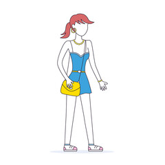 Girl fashion model or mannequin in fashionable blue mini dress and white sneakers with yellow luxury shoulder bag, summer look clothing collection catwalk show, isolated cartoon vector illustration.