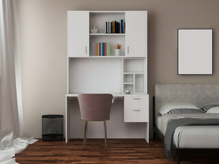 Desk room mockup with  white desk and book shelves, bed, and 1 blank frame. 3d rendering. 3d illustration