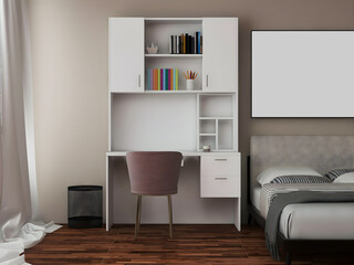 Desk room mockup with  white desk and book shelves, bed, and big blank frames. 3d rendering. 3d illustration