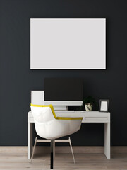 Desk room or home office mockup with big blank frame, navy wall, white yellow chair, white desk, and desktop. 3d rendering. 3d illustration