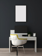 Desk room or home office mockup with 1 portrait blank frame, navy wall, white yellow chair, white desk, and desktop. 3d rendering. 3d illustration