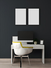 Desk room or home office mockup with 2 portrait blank frames, navy wall, white yellow chair, white desk, and desktop. 3d rendering. 3d illustration