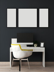 Naklejka na ściany i meble Desk room or home office mockup with 3 portrait blank frames, navy wall, white yellow chair, white desk, and desktop. 3d rendering. 3d illustration