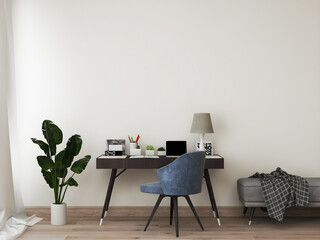 Desk room or home office mockup with desk and object, blue chair, plant, and sofa.  3d rendering. 3d illustration