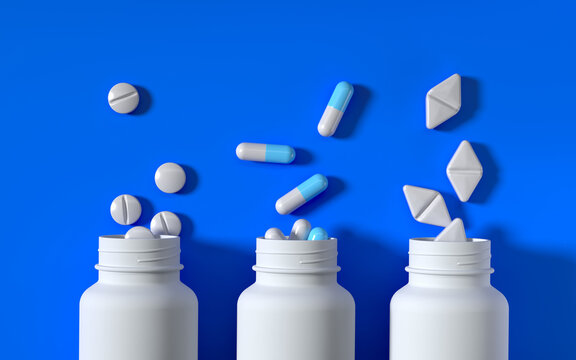 Drug bottles with different pills and capsules from the bottle. White bottle mockup. Healthcare and medical 3D rendering.