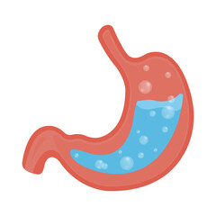 Vector medical illustration about stomach acid isolated. Gastric reflux, stomach acid. Splashes of water. Bloating