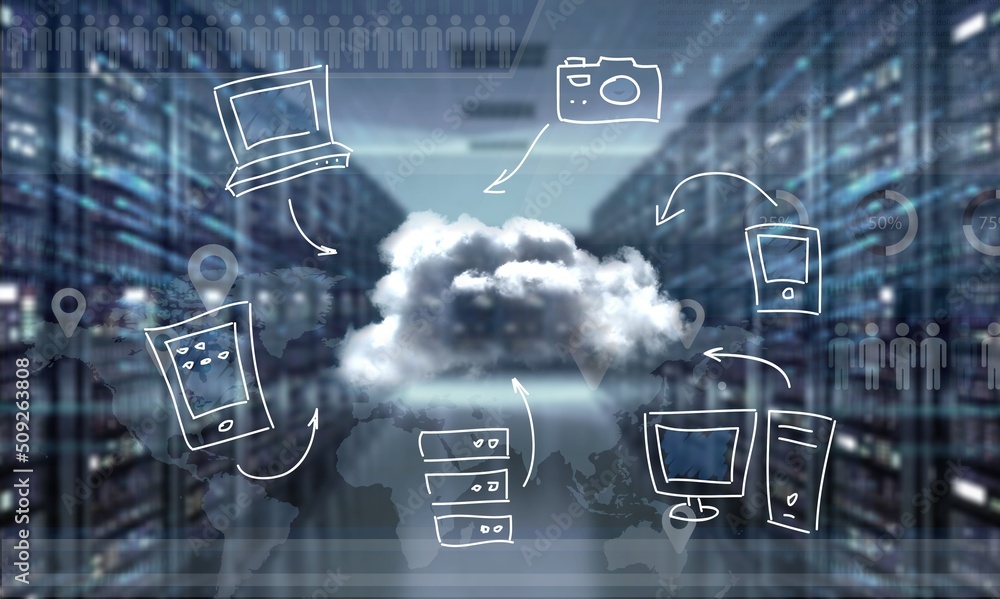 Poster cloud computer and online data storage with tacit intelligent sharing software. concept of smart dig