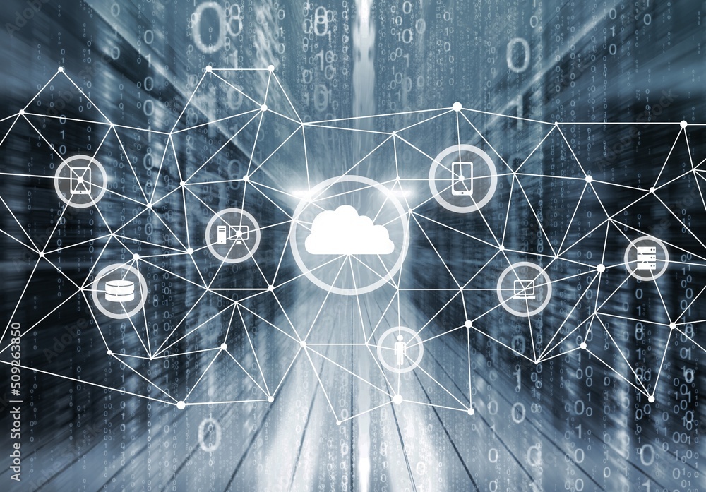 Poster cloud computer and online data storage with tacit intelligent sharing software. concept of smart dig