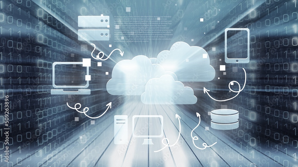 Poster cloud computer and online data storage with tacit intelligent sharing software. concept of smart dig