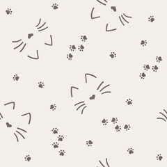 Obraz premium Vector seamless pattern with cats and cat footprints. Elements of Pony Express on a very light shade of brown background. Can be used for wallpaper, gift wrapping, fabric and other materials.