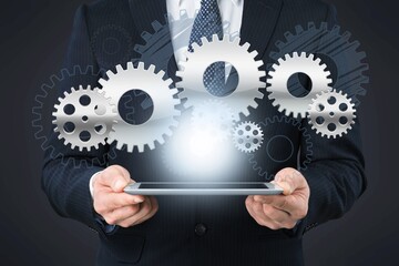 New technology invention concept, engineer hand holding gears icons, innovation and development