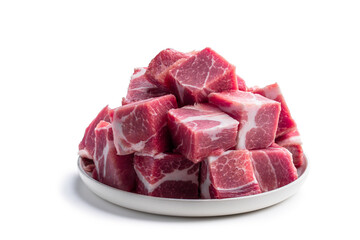 Fresh raw pork in ceramic plate isolated on white