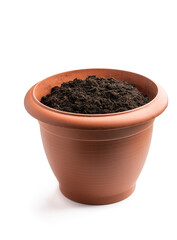 Pot filled with organic soil isolated on white background