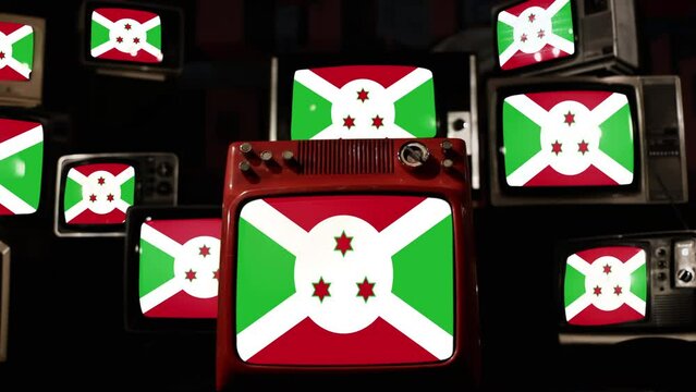 Flag of Burundi and Vintage Televisions. 4K Resolution.