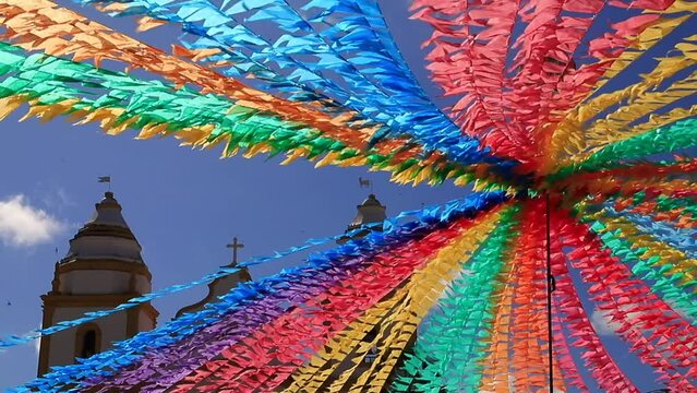 decoração de festa junina no brasil com bandeirinhas coloridas em frente a igreja