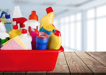 Set of cleaners and detergents, cleaning accessories. Concept spring regular cleaning